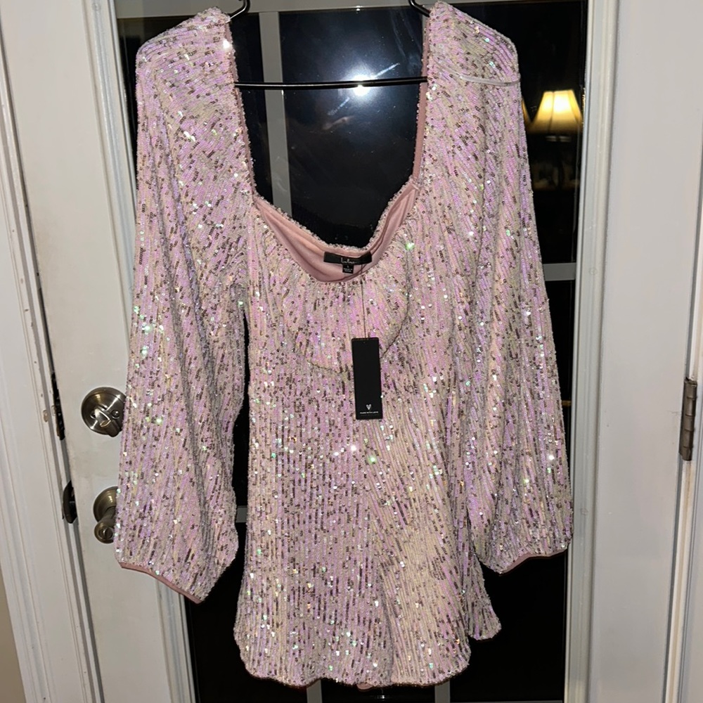 Blushing Sweetie Shiny Light Pink Iridescent Sequin Romper